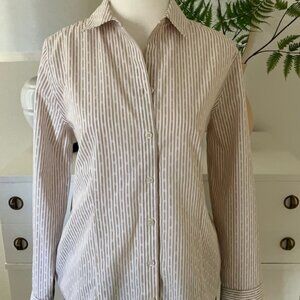 Chico's women's classic  striped button down blouse tan white Size S